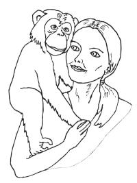 Simpanssi naisen olkapäällä