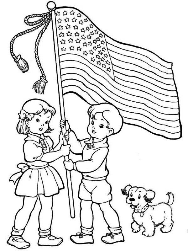 Lapset ja Amerikan lippu värityskuva Lapset ja Amerikan lippu värityskuva