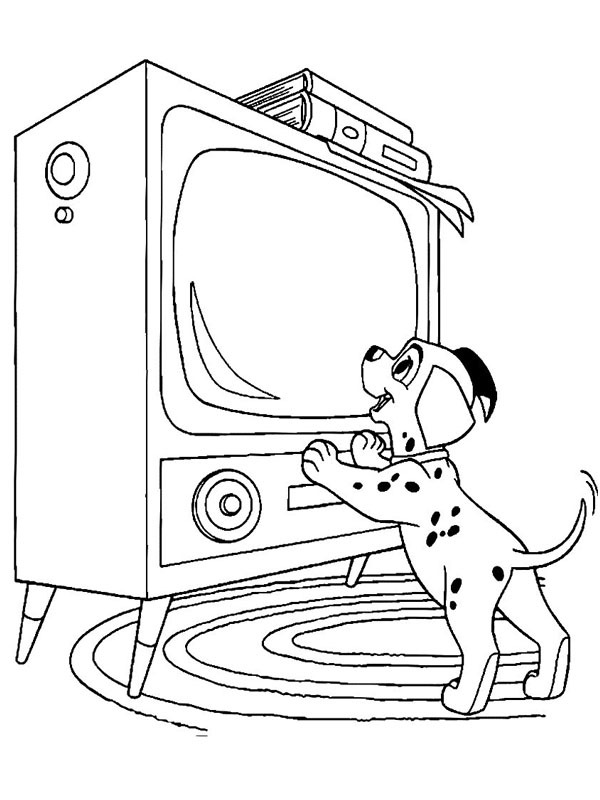 Dalmatialainen katsoo TV:tä värityskuva Dalmatialainen katsoo TV:tä värityskuva