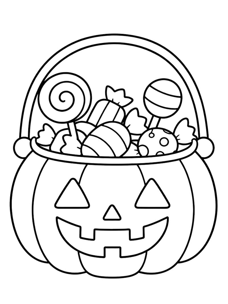 Halloween-kurpitsakori täynnä karkkia värityskuva Halloween-kurpitsakori täynnä karkkia värityskuva