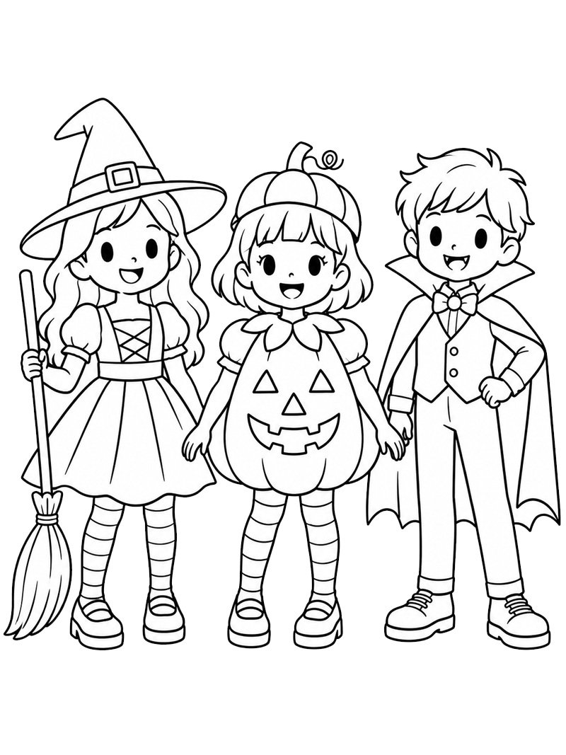 Lapset Halloween-asuissa värityskuva Lapset Halloween-asuissa värityskuva